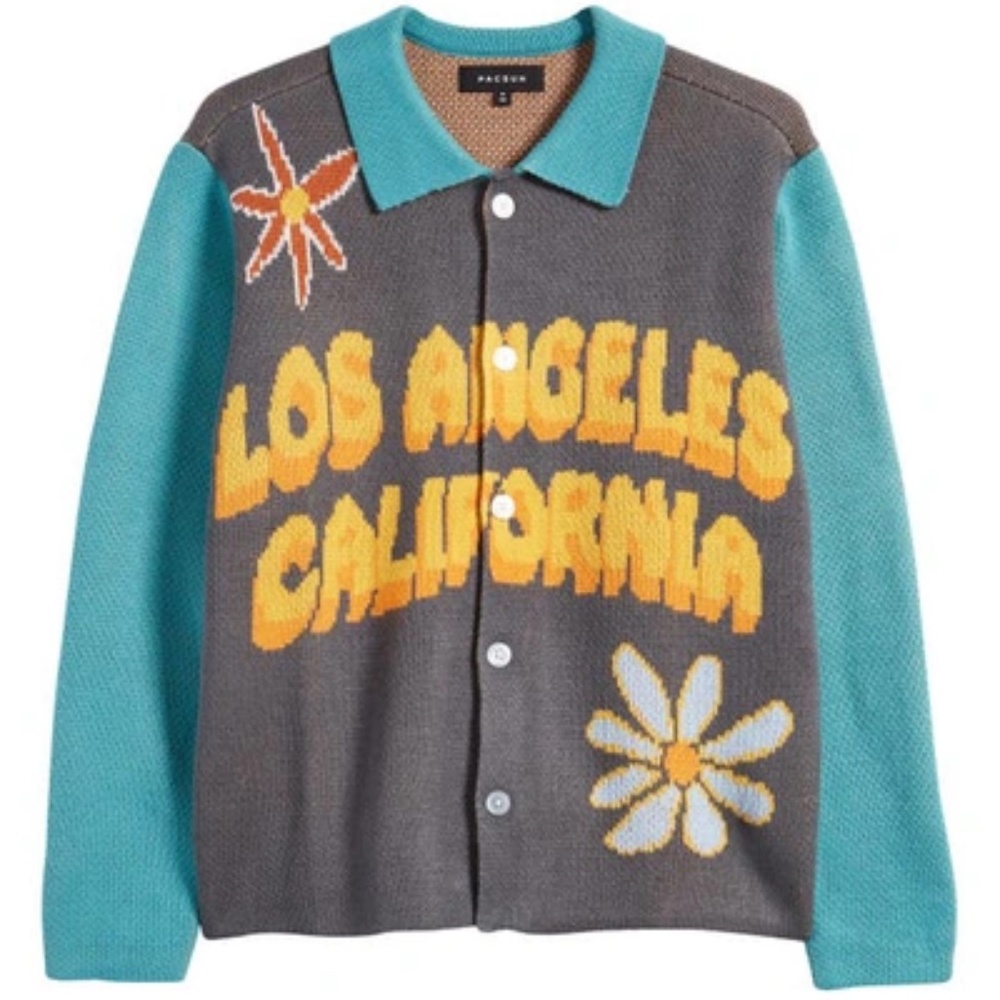 PacSun Gray and Teal Sweater with Yellow Floral Design